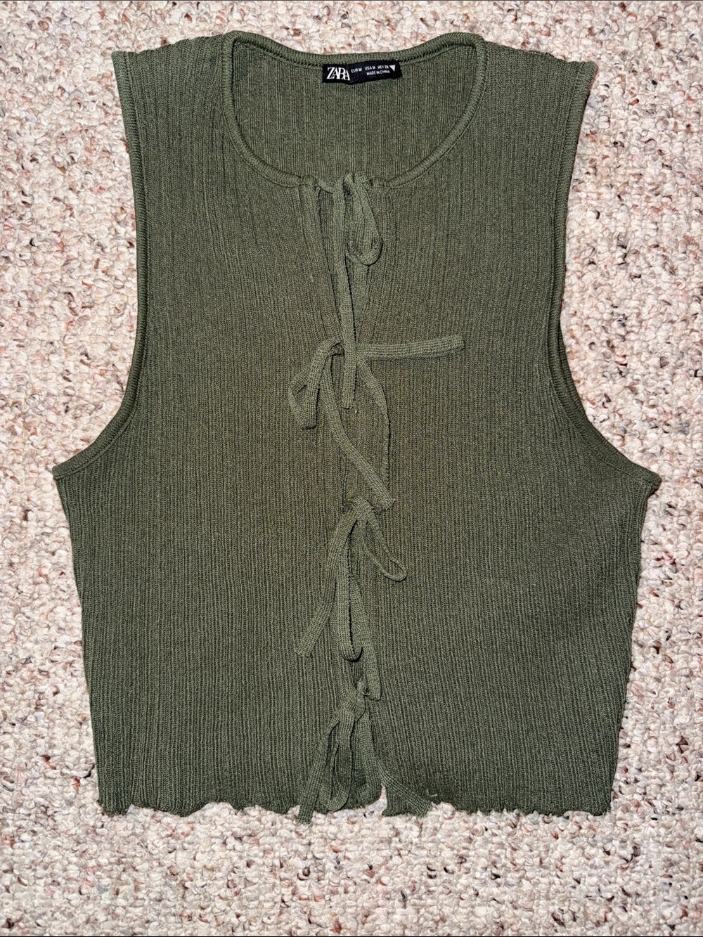 Zara Olive Tie-Front Ribbed Knit Tank Top